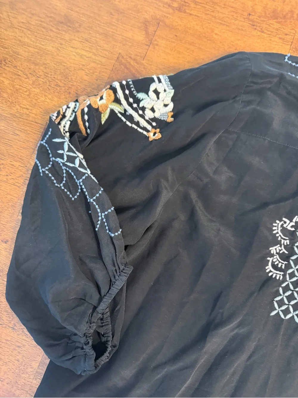 Johnny Was 2X Bassett Embroidered Silk Blouse Black Boho Peasant Top
